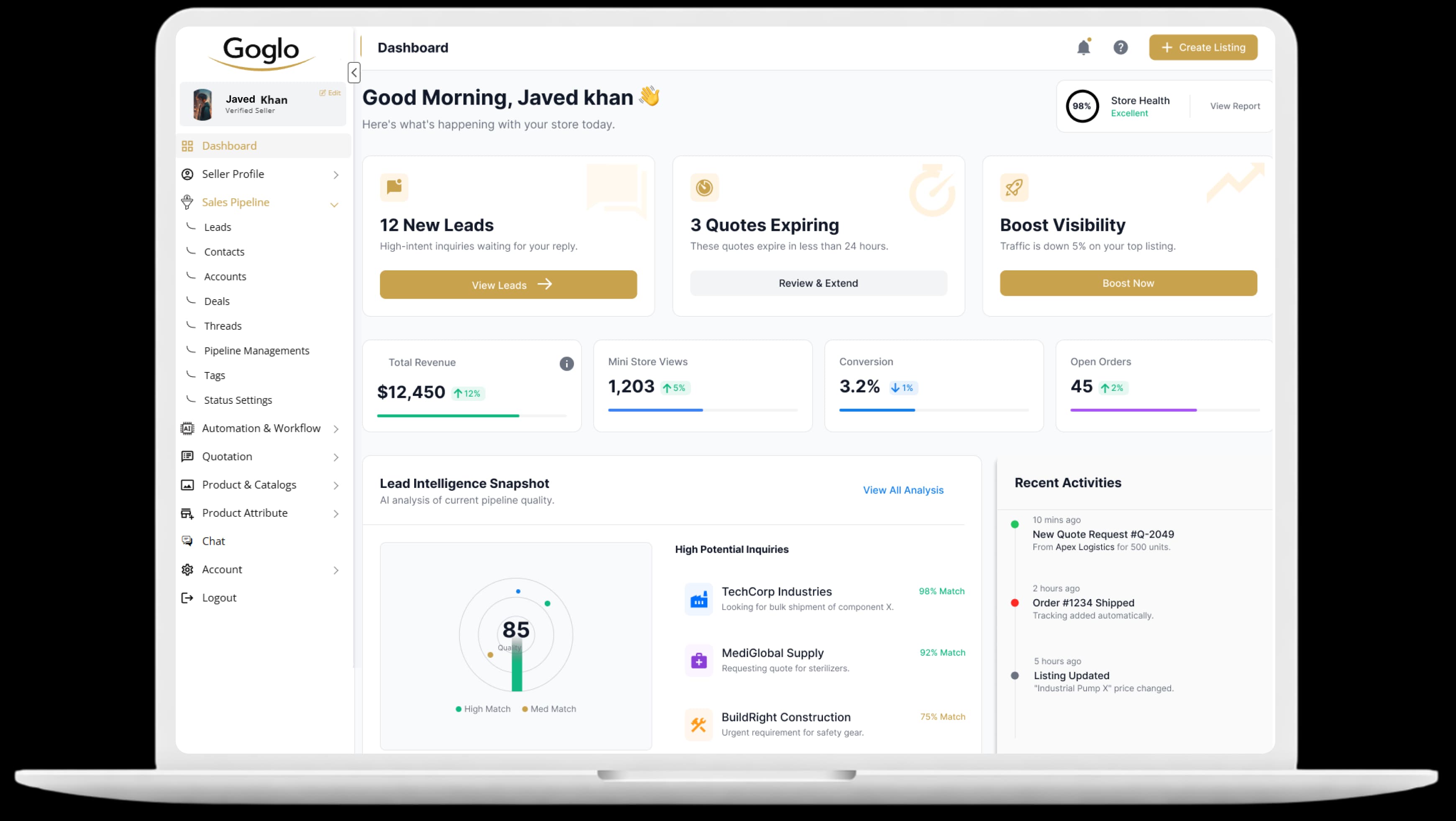 Goglo CRM dashboard